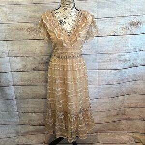 Nissa Dress Metallic Details Lace Dress Midi Deep V-neck Ruffle Size 4
